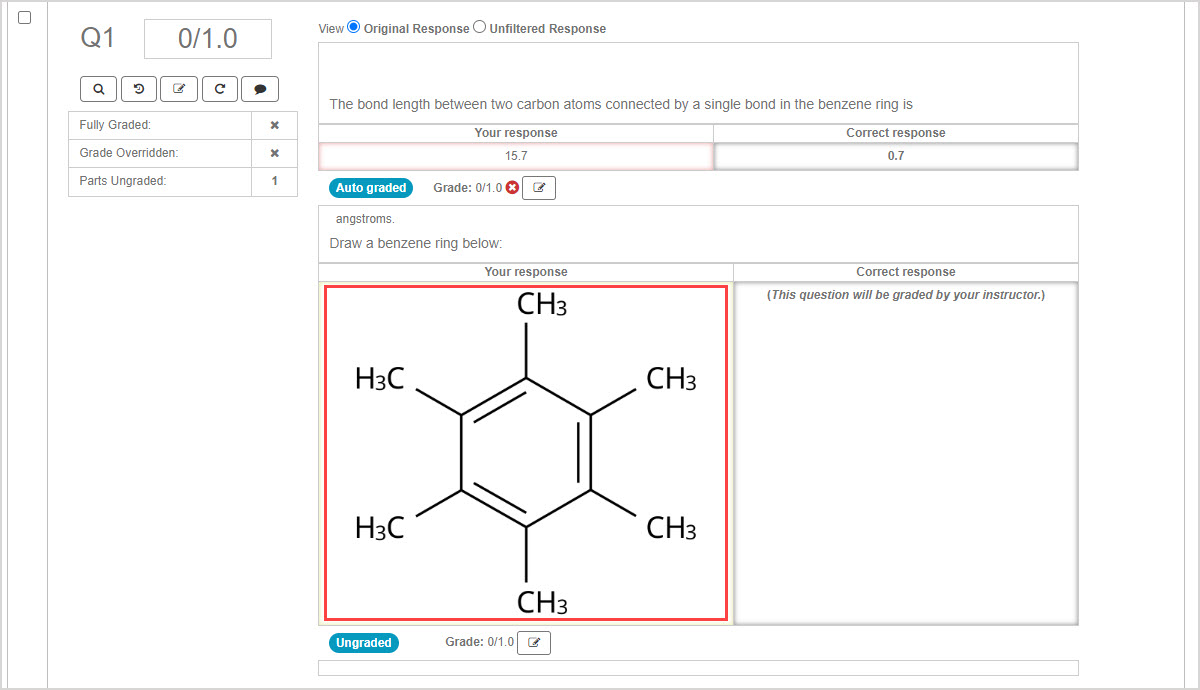 The students Organic Chemistry drawing is highlighted under Your response heading